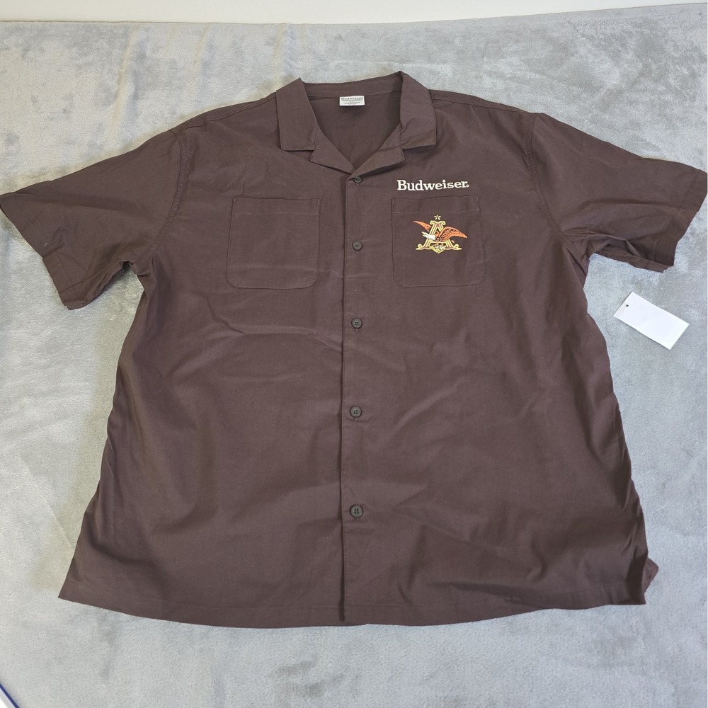 Budwiser Shirt Mens XL Brown Short Sleeve Button Down Back And Front Graphic